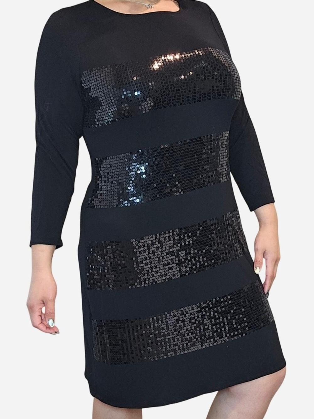 Chic Tommy Bahama Black Long Sleeve Sequin Stripe Dress Size L 2000s Style